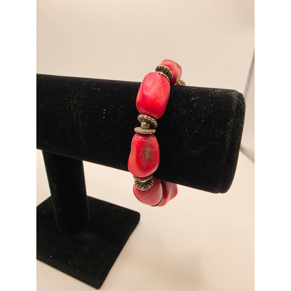 Red Coral Chunky Bead Stretch Bracelet Bohemian Silver Tone Spacers 7 Inch